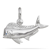 Sterling Silver Mahi Mahi Pendant High Polished Mirror Finish With Blue Sapphire Eye with A Mariner Shackle Bail Custom Designed By Nautical Treasure Jewelry In The Florida Keys